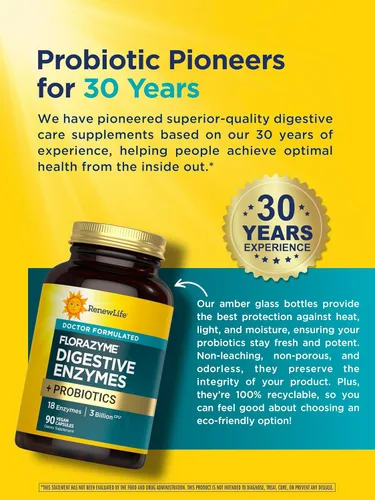 Vista 5 de Renew Life Florazyme Enzimas digestivas con probióticos Formulado por médicos Ayuda a gases ocasionales, hinchazón y molestias Salud digestiva