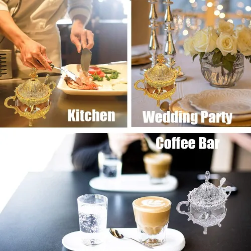 Vista 7 de Hourwof Azucarero con tapa y cuchara para cocina, cafetería, fiesta de boda, recipiente de metal y vidrio para azúcar y azúcar en polvo, contenedor