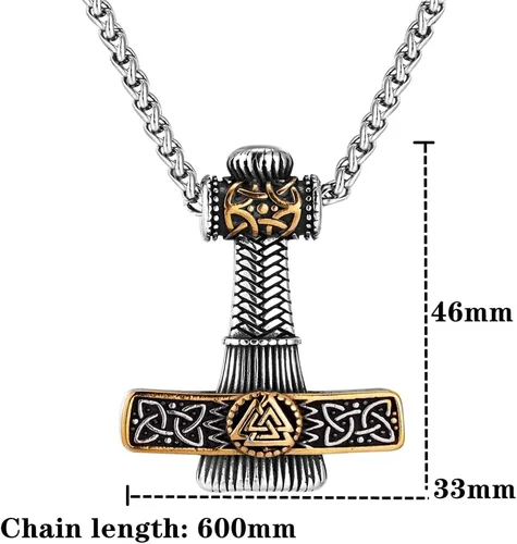 Vista 6 de Collares de martillo de vikingos nórdicos para hombre mezcla de acero inoxidable runa nórdica dorada eslava vegvisir Mjolnir amuleto colgante