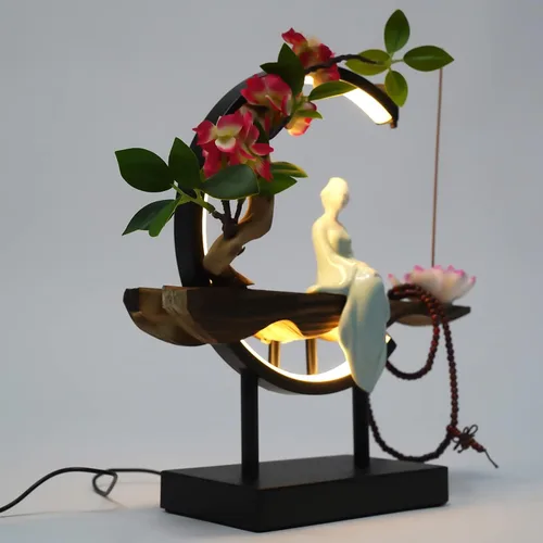 Vista 3 de Portaincienso de flujo inverso con luz LED y Begonia, quemador de incienso de estilo chino de cerámica para mujer, perfecto para relajarse