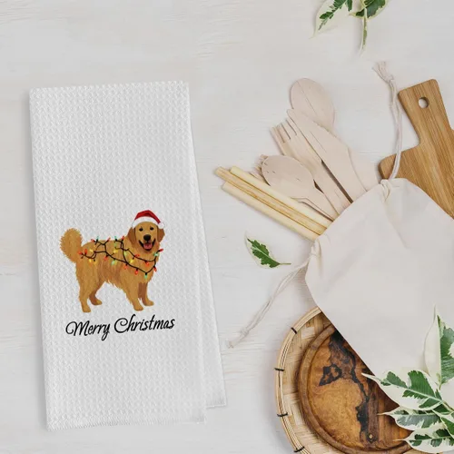 Vista 3 de Regalos de Navidad Golden Retriever - Toallas de cocina decorativas con tejido de gofre Golden Retriever, toallas de cocina navideñas para perro