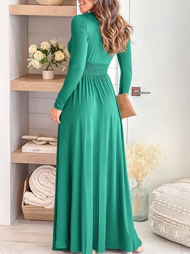 Vista 4 de ANRABESS - Vestido largo de manga corta con cuello en V profundo para mujer, plisado, cintura alta, abertura lateral, para club, fiesta y noche