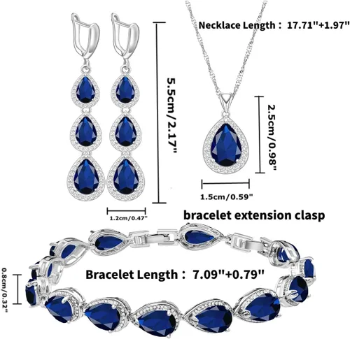 Vista 5 de LMXXVJ Juego de collar y aretes largos, chapados en oro blanco, juego de joyas de zafiro azul creado, joyería de regalo para boda, fiesta, joyería
