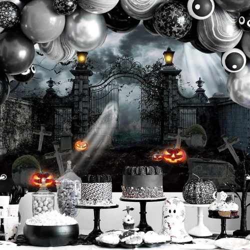 Vista 5 de MEHOFOND Fondo de fotografía de cementerio embrujado de Halloween de 7 x 5 pies, linterna gótica de fantasma, terror espeluznante, puerta