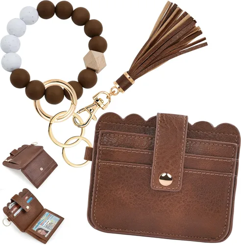 Vista 30 de Cartera de pulsera para mujer con llavero – Tarjetero RFID pequeña cartera con llavero Beige