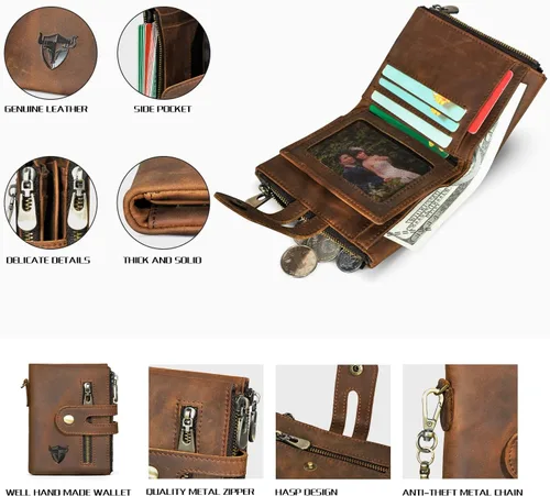Vista 4 de Genuino caballo loco cuero viaje regalo moneda bolsillo tarjeta caso largo organizador cadena Rfid monedero con broche para hombres hombres 1803