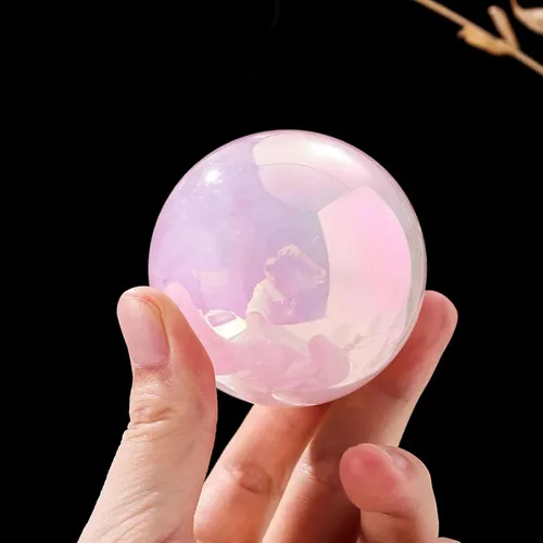 Vista 6 de Angel Aura - Bola de cristal de cuarzo rosa con soporte, escultura de esfera de piedra preciosa pulida de cuarzo rosa rosa natural para exhibición