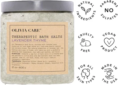 Vista 2 de Olivia Care Epsom - Sales de baño con tomillo de lavanda, terapéuticas, alivian el estrés y relajan los músculos. Exfolia, rejuvenece, calmante