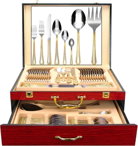 Vista 9 de Juego de cubiertos de lujo de 75 piezas para 12 con estuche de almacenamiento de madera, servicio de cubiertos de comedor de alta calidad, cubiertos