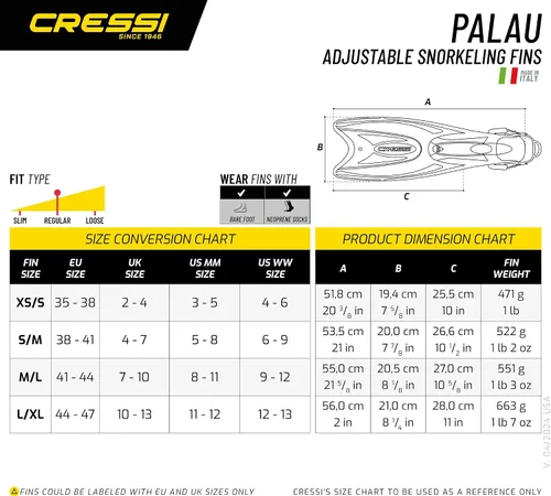 Vista 5 de Aletas de buceo ajustables, largas, versátiles, con talón abierto, PALAU LAF, hechas en Italia por Cressi: calidad desde 1946