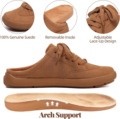 Vista 2 de UBFEN Pantuflas de piel de ante con soporte de arco para mujer, cómodas, para interiores y exteriores, con cordones