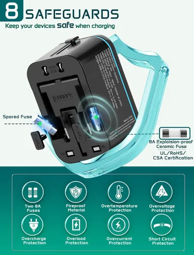 Vista 7 de Adaptador de Viaje Universal, Adaptador de Energía Internacional con 2 USB-C, 2 Puertos USB-A, Múltiples Salidas AC para UE, EE. UU., Reino Unido