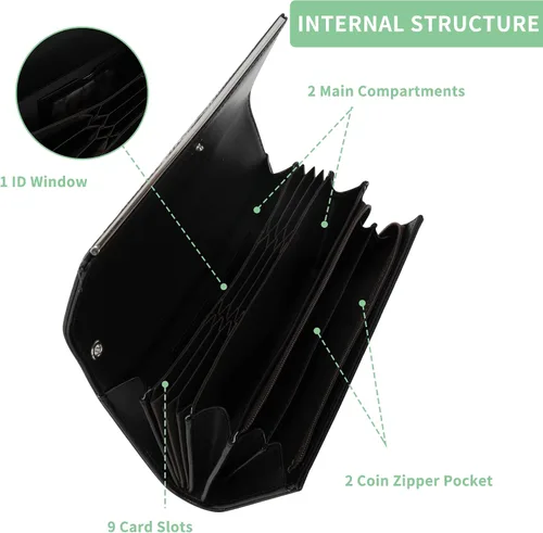 Vista 4 de Billetera de cuero para mujer, gran capacidad, bloqueo RFID, carteras de cuero genuino con cremallera para mujer, soporte para múltiples tarjetas