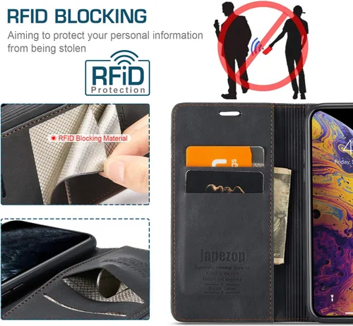 Vista 3 de japezop Funda tipo cartera compatible con iPhone Xs/iPhone X con tarjetero y bloqueo RFID, funda de cuero suave con soporte magnético y funda Negro