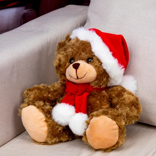 Vista 2 de Plushland Adorable oso de peluche de Papá Noel suave y peludo, juguetes navideños de animales de peluche, accesorios de Navidad, un regalo perfecto