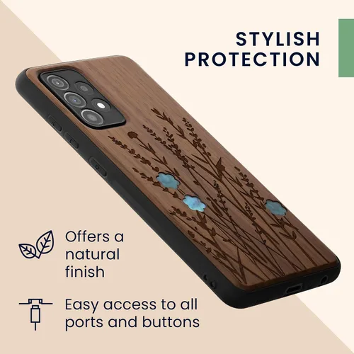 Vista 5 de kwmobile Funda de madera compatible con Samsung Galaxy A52 / A52 5G / A52s 5G - Funda - Funda - Flores silvestres perla marrón oscuro