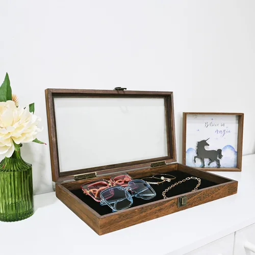 Vista 8 de MOOCA Estuche de exhibición de joyería de madera con tapa de vidrio templado y almohadilla de exhibición de joyería de terciopelo MDF lujoso negro