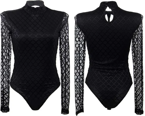 Vista 5 de Body de encaje de manga larga para mujer, leotardos de cuello alto, leotardos de malla, Negro
