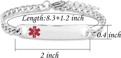 Vista 3 de TGLS Pulsera de alerta médica roja para mujeres y hombres, pulsera de emergencia de primeros auxilios de salud grabada ajustable de acero inoxidable