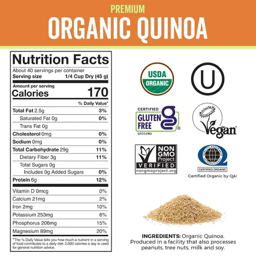 Vista 2 de Viva Naturals Quinoa orgánica, 4 libras – Grano entero prelavado, proteína vegetal, USDA orgánico, sin gluten, sin OMG, vegano, sustituto de arroz