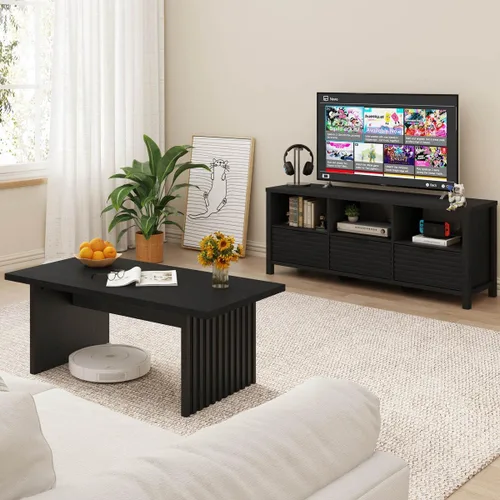 Vista 9 de BON AUGURE - Mesa auxiliar negra, mesas de centro modernas de 43 pulgadas para sala de estar, mesa central de madera, mesas de sala de estar