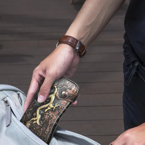 Vista 7 de Handadsume Genuino caballo loco cuero viaje regalo moneda bolsillo tarjeta caso largo organizador cadena Rfid monedero con broche para hombres