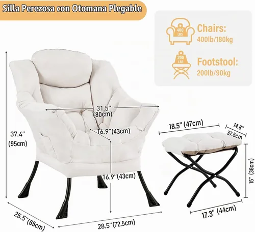 Vista 2 de Furlide - Silla perezosa con otomana, silla moderna con reposapiés plegable, silla de acento de salón, silla de lectura cómoda, sillones grandes
