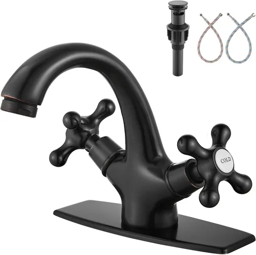 Vista 12 de Aolemi Grifo de lavabo de baño de un solo agujero, frío y caliente, doble mango, pomos cruzados, lavabo mezclador con placa de cubierta con drenaje