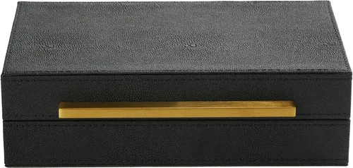 Vista 2 de Sagala Caja Decorativa Negra de Shagreen Con Mango Dorado, Caja Organizadora de Joyas Caja Guardadora, Caja de Almacenamiento de Cuero Sintético