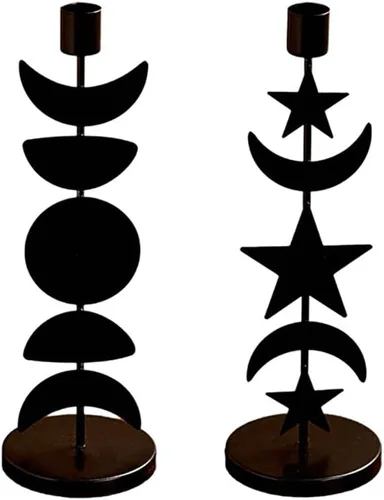 Vista 9 de Portavelas cónico de hierro, negro mate, portavelas alto con estrella y luna, soporte decorativo para velas para bodas, mesas de comedor, fiestas