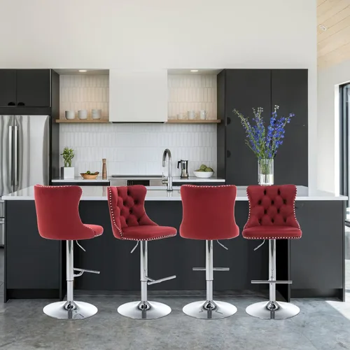Vista 71 de SoarFlash Juego de 2 taburetes de bar tapizados de terciopelo moderno con patas de madera, botones acolchados, cabeza de clavo cromada, asiento