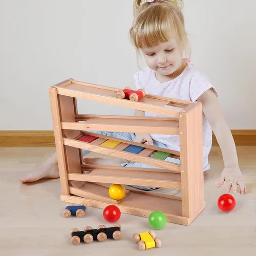 Vista 5 de Qilay Juguete de carreras de madera para niños pequeños, juego de rampa de coche de carreras de 5 niveles incluye 4 autos de madera y 3 pelotas
