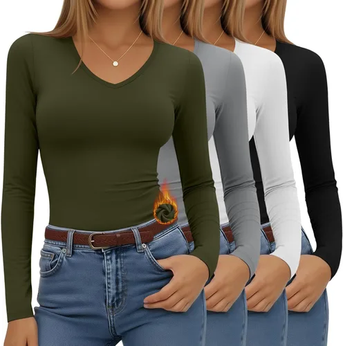 Vista 18 de Paquete de 4 camisas térmicas de manga larga para mujer, con forro polar, cuello en V, ropa interior ajustada, capa base, básica, tops cálidos