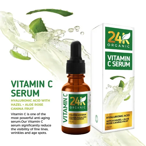 Vista 6 de Suero de vitamina C 24K para cara, suero facial tópico antienvejecimiento con ácido hialurónico y hoja de aloe, 1 onza líquida