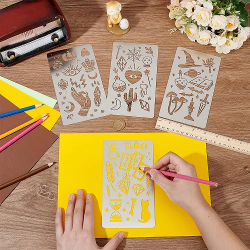 Vista 4 de FINGERINSPIRE 4 plantillas de metal con temática mágica, plantillas de pintura de dibujo de acero inoxidable para hacer tarjetas, álbumes