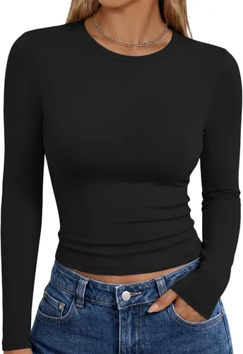 Vista 24 de Trendy Queen Camisetas de manga larga para mujer, camisetas básicas de Verde militar