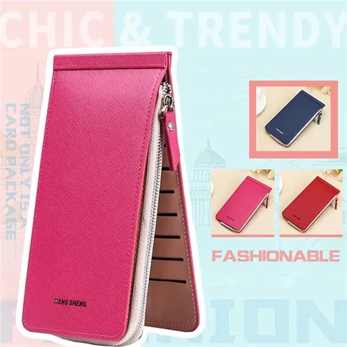 Vista 2 de Cartera larga multifuncional, bolsillo con cremallera para mujer de cuero para tarjetas de crédito, billetera plegable de cuero para tarjetas