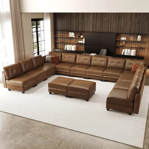 Vista 20 de LLappuil Sofá modular de piel sintética de 9 plazas con almacenamiento, sofá cama convertible en forma de U con diván, impermeable y agradable al