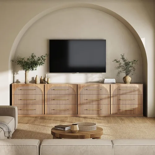 Vista 22 de BELLEZE Centro de entretenimiento modular de 4 piezas con almacenamiento, 2 vitrinas de madera moderna con gabinete arqueado y 2 armarios de puerta