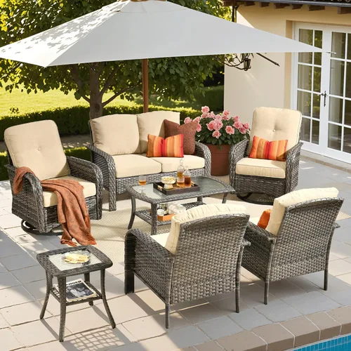 Vista 19 de ovios - Juego de muebles de patio de 2 piezas, sofá de mimbre para exteriores con sillas, silla de ratán con respaldo alto con cómodos cojines