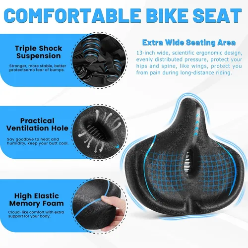 Vista 3 de CDYWD Asiento de bicicleta de gran tamaño para hombres y mujeres, cojín de asiento de bicicleta extra ancho, cómodo acolchado suave, asiento de Azul