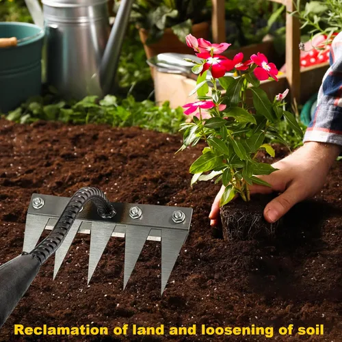 Vista 6 de Ironrake - Rastrillo de hierro resistente, 1 rastrillo de hierro para jardinería y deshierbe con 5 púas de metal, rastrillo de deshierbe
