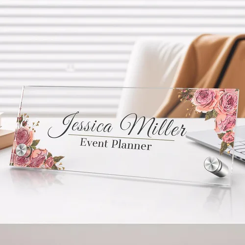 Vista 17 de Placa de identificación personalizada para escritorio, decoración de oficina de acrílico transparente con diseño de flores, decoraciones