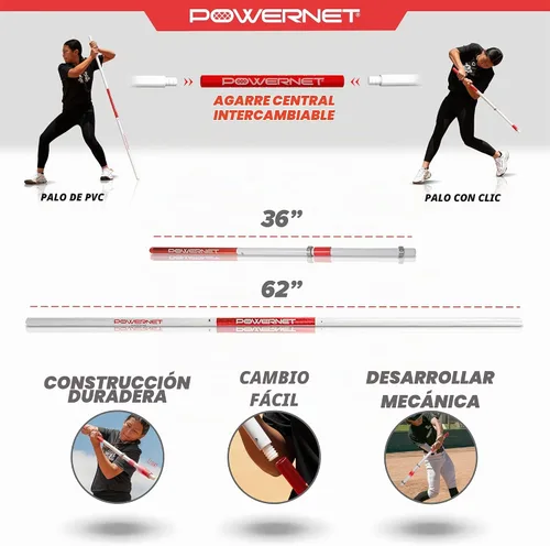 Vista 3 de PowerNet Combo PVC/Click Stick Softball & Baseball Swing Trainer, Entrenador de Golpe de Béisbol Intercambiable, Bate de entrenamiento de PVC