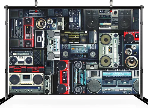 Vista 3 de Telón de fondo vintage de los años 80 de 7 x 5 pies, pared retro llena de radio Boombox de los 80 estilo fondo para amplificador antiguo de video