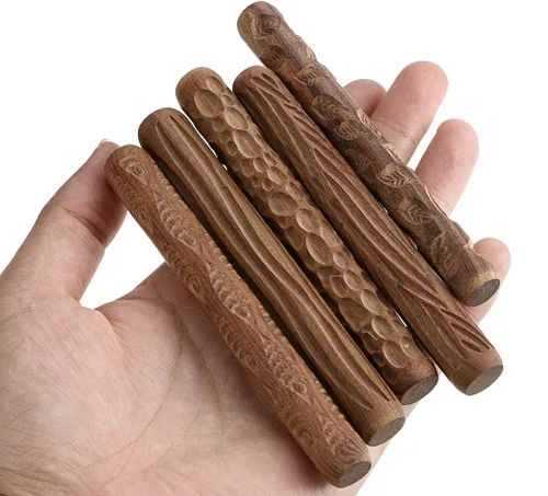 Vista 3 de OwnMy Juego de 5 rodillos de modelado de arcilla, hojas de pescado, patrón de grano de madera ondulada, 4.7 pulgadas, rodillo de arcilla