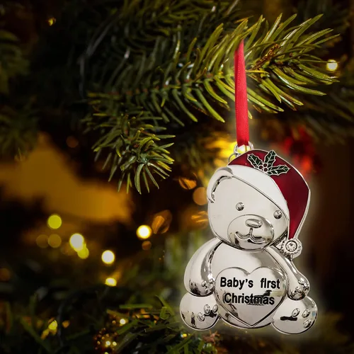 Vista 6 de Adorno de Navidad para bebé 2024, adornos de Navidad personalizados, oso de peluche de metal con gorra de Navidad roja, adorno colgante para árbol