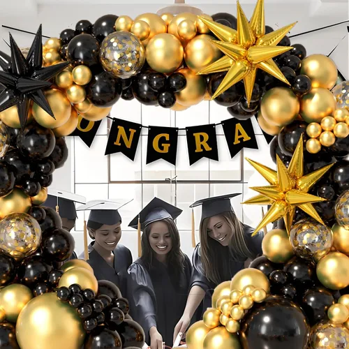 Vista 5 de Kit de arco de guirnalda de globos negro y dorado 158 piezas con globos de confeti negro y dorado, globos de papel de aluminio estrella