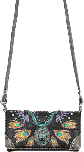 Vista 3 de Zelris Turquesa Concho Peacock Feather Mujeres Crossbody Muñeca Trifold Wallet