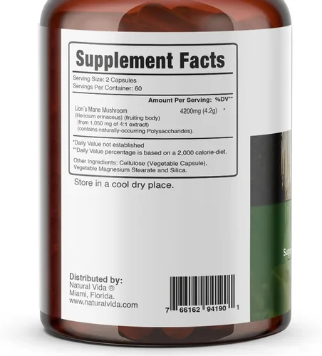 Vista 2 de Extracto de hongo melena de león - 120 cápsulas vegetarianas - 4,200 mg - Suplemento sin OMG